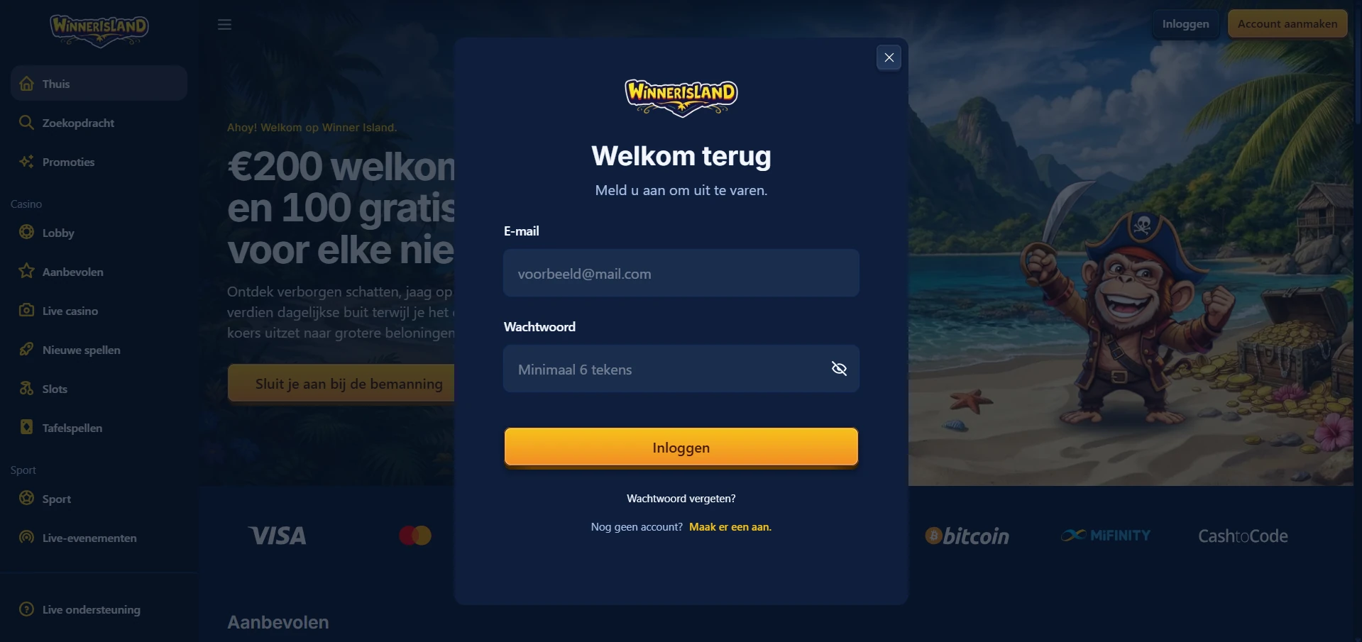 Inlogscherm van Winner Island Casino in een mobiele browser