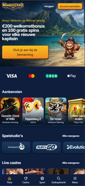 Winner Island Casino geopend in een mobiele browser op een smartphone